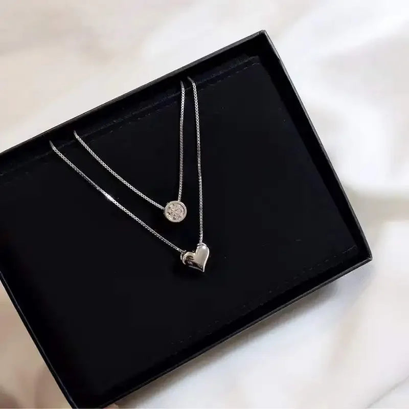 Sterling Silver Heart-Shaped Double-Layer Necklace