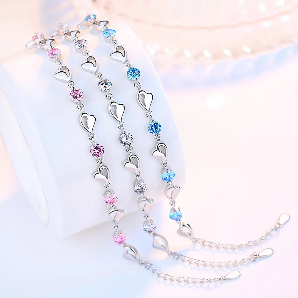 Sterling Silver Zircon Lovers Heart Bracelets